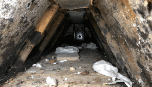 An attic with visible moisture issues and improper insulation.