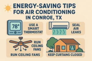 Infographic showing four energy-saving air conditioning tips for Conroe, TX homeowners.