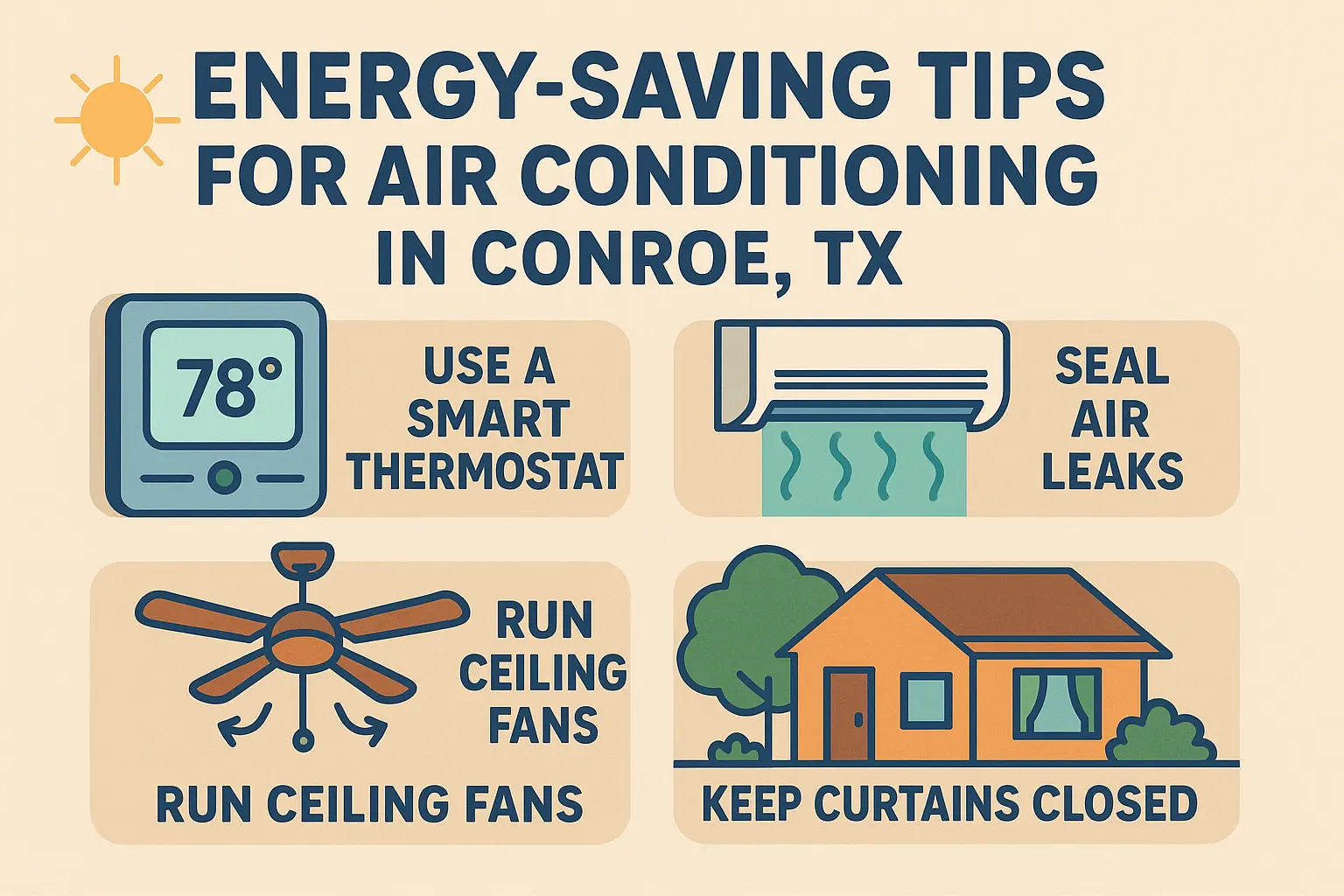 Energy-Saving Tips For Air Conditioning In Conroe, Tx 1 Energy Saving Tips For Air Conditioning In Conroe Tx Infographic showing four energy-saving air conditioning tips for Conroe, TX homeowners.